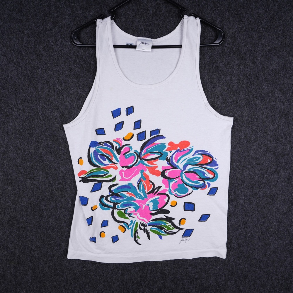 Vintage Gilda Marx Graphic Tank Top Womens S/M White Excellent Abstract Floral